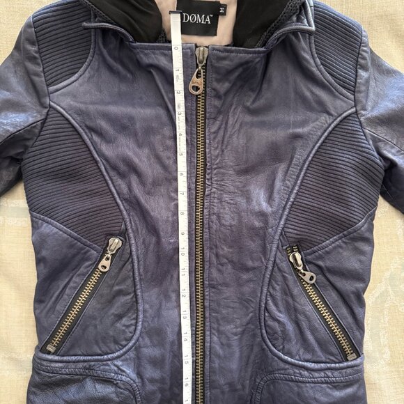 Dark Blue Doma Mixed Media Leather Jacket - Biker Style with removable hood - Picture 8 of 12